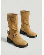 Women's Slouchy Mid-Calf Biker Boots with Buckle Straps – Gwen Jane