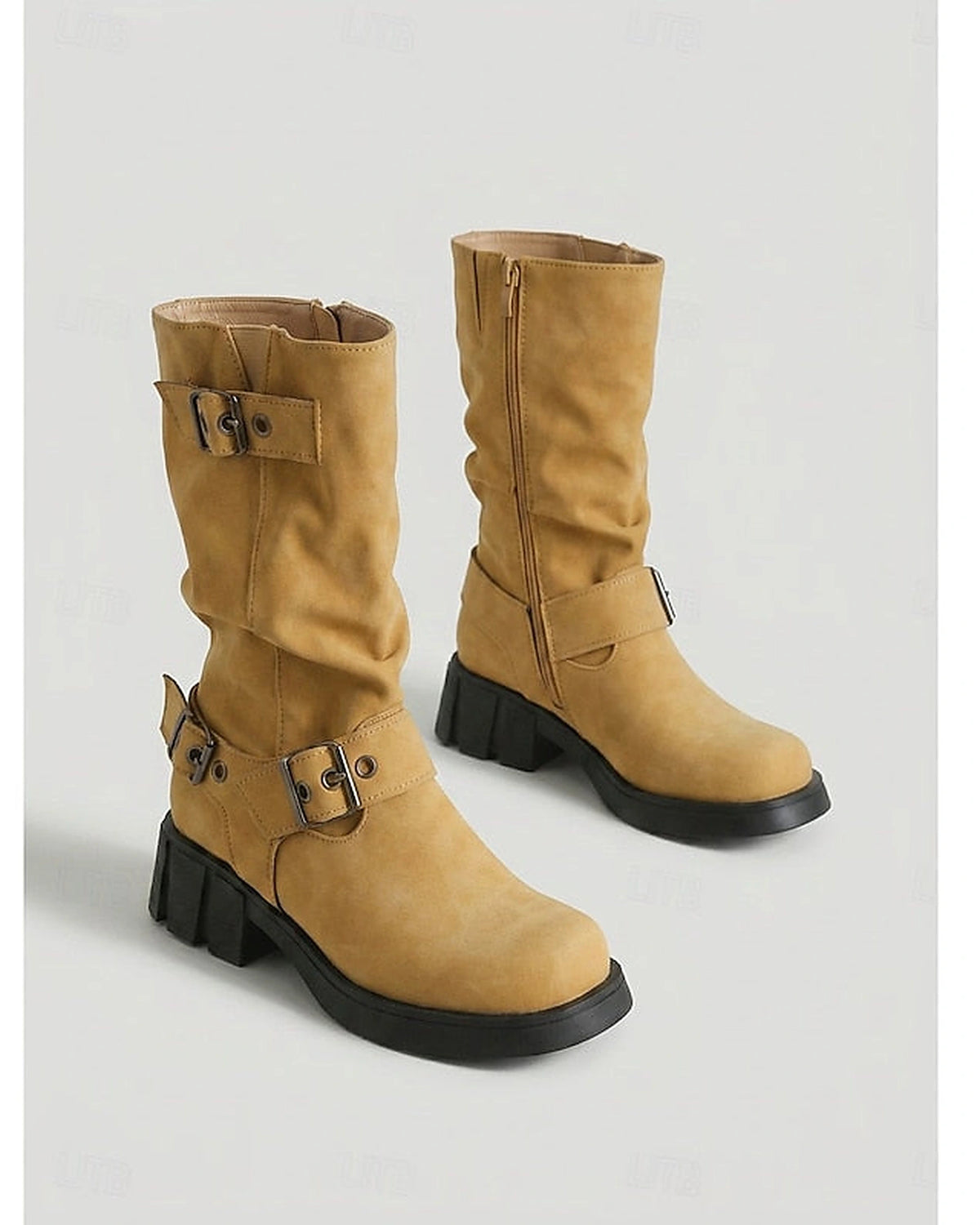 Women's Slouchy Mid-Calf Biker Boots with Buckle Straps – Gwen Jane