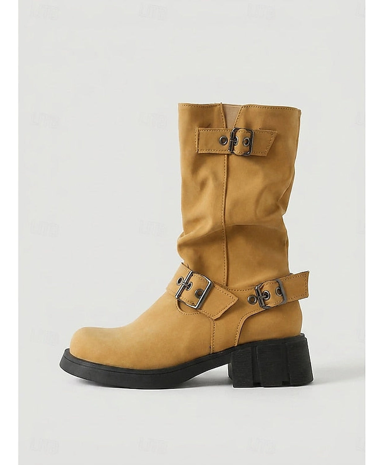 Women's Slouchy Mid-Calf Biker Boots with Buckle Straps – Gwen Jane