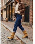 Women's Slouchy Mid-Calf Biker Boots with Buckle Straps – Gwen Jane