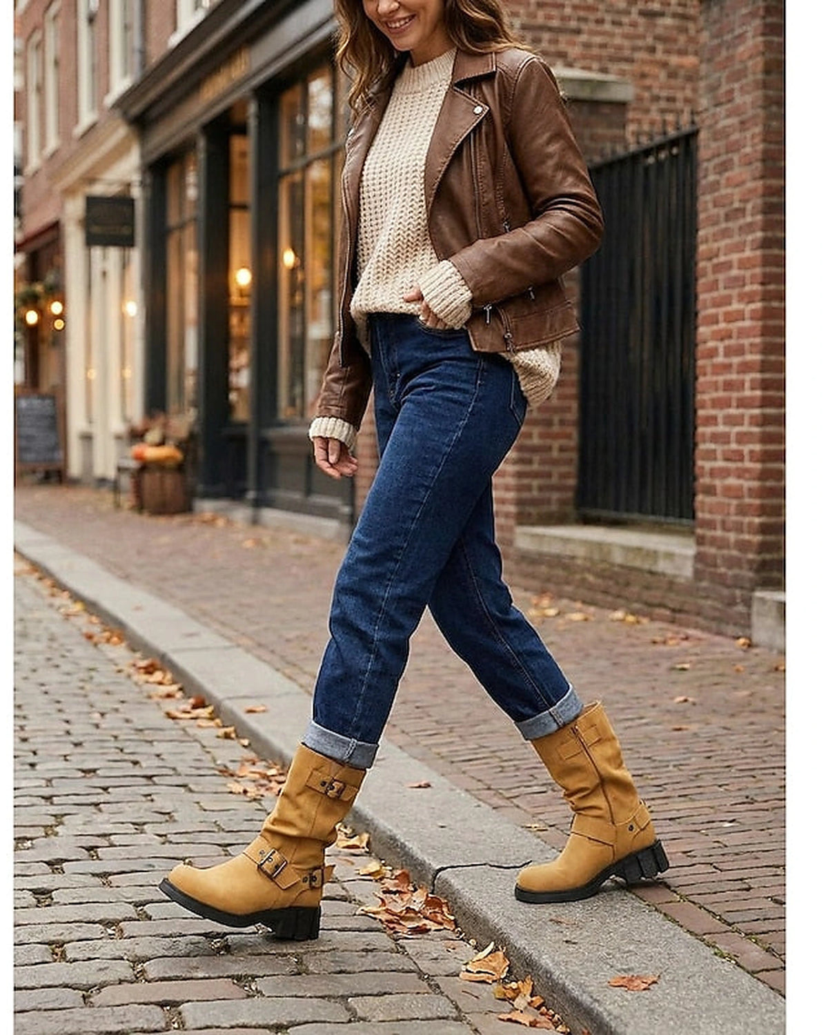 Women's Slouchy Mid-Calf Biker Boots with Buckle Straps – Gwen Jane
