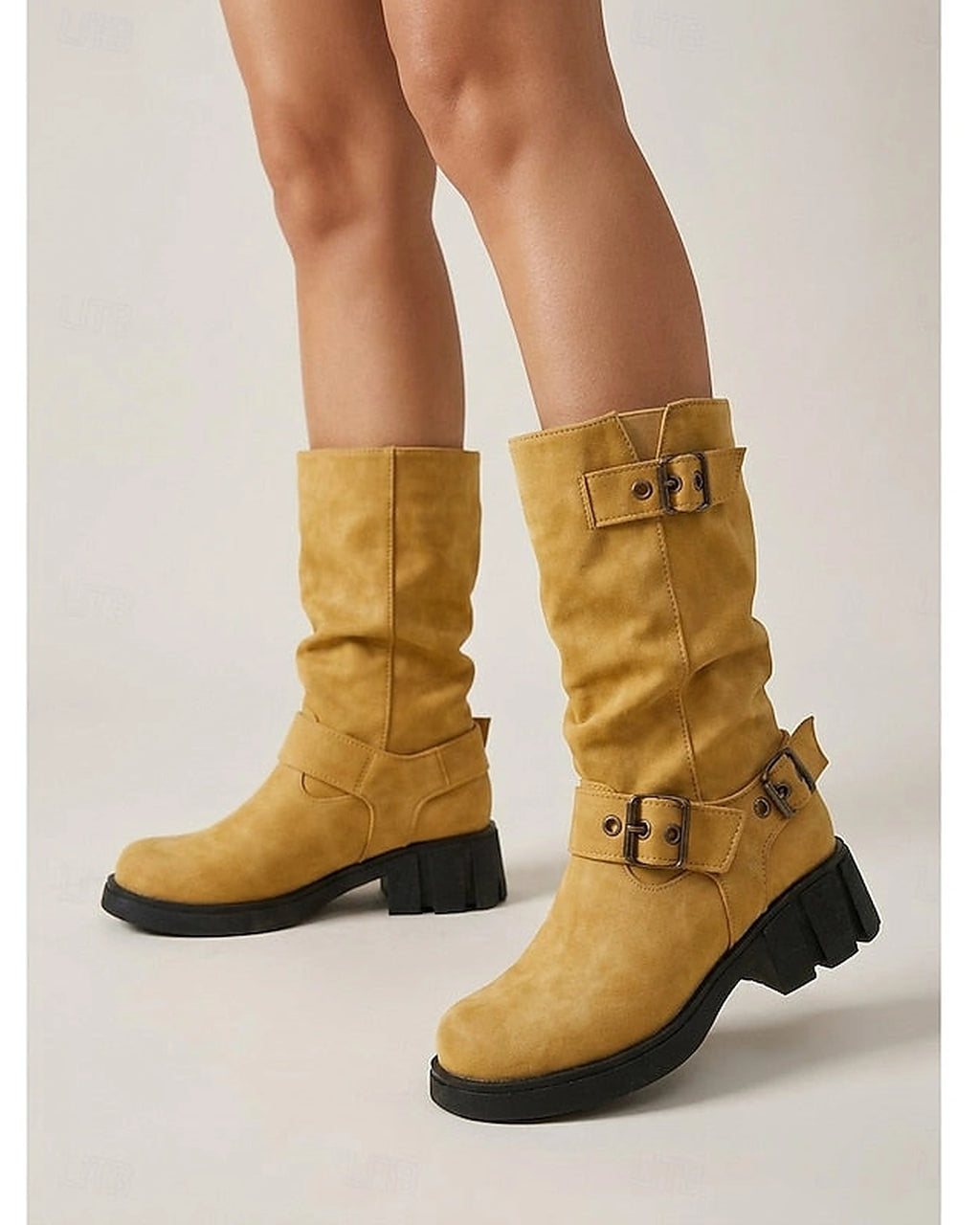 Women's Slouchy Mid-Calf Biker Boots with Buckle Straps – Gwen Jane