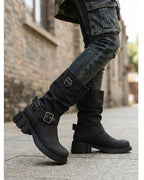 Women's Slouchy Mid-Calf Biker Boots with Buckle Straps – Gwen Jane