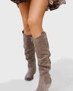 Women's Slouchy Suede Knee-High Boots with Buckle Strap and Side Zip – Bonnie Lou