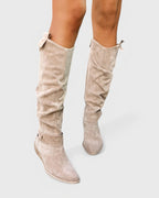Women's Slouchy Suede Knee-High Boots with Buckle Strap and Side Zip – Bonnie Lou