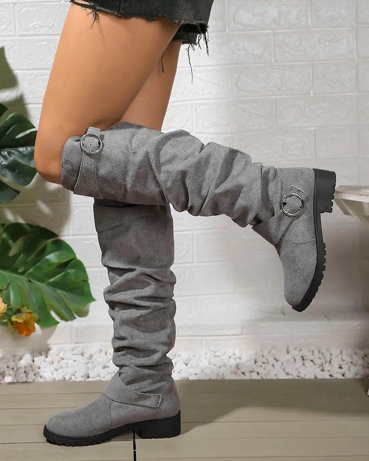 Women's Slouchy Suede Knee High Boots with Buckle Strap Detail – Kaia Lou