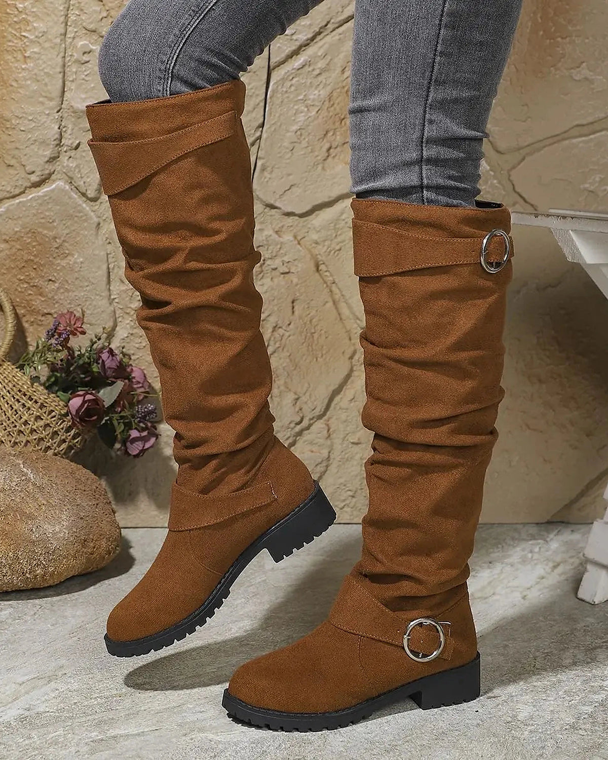 Women's Slouchy Suede Knee High Boots with Buckle Strap Detail – Kaia Lou