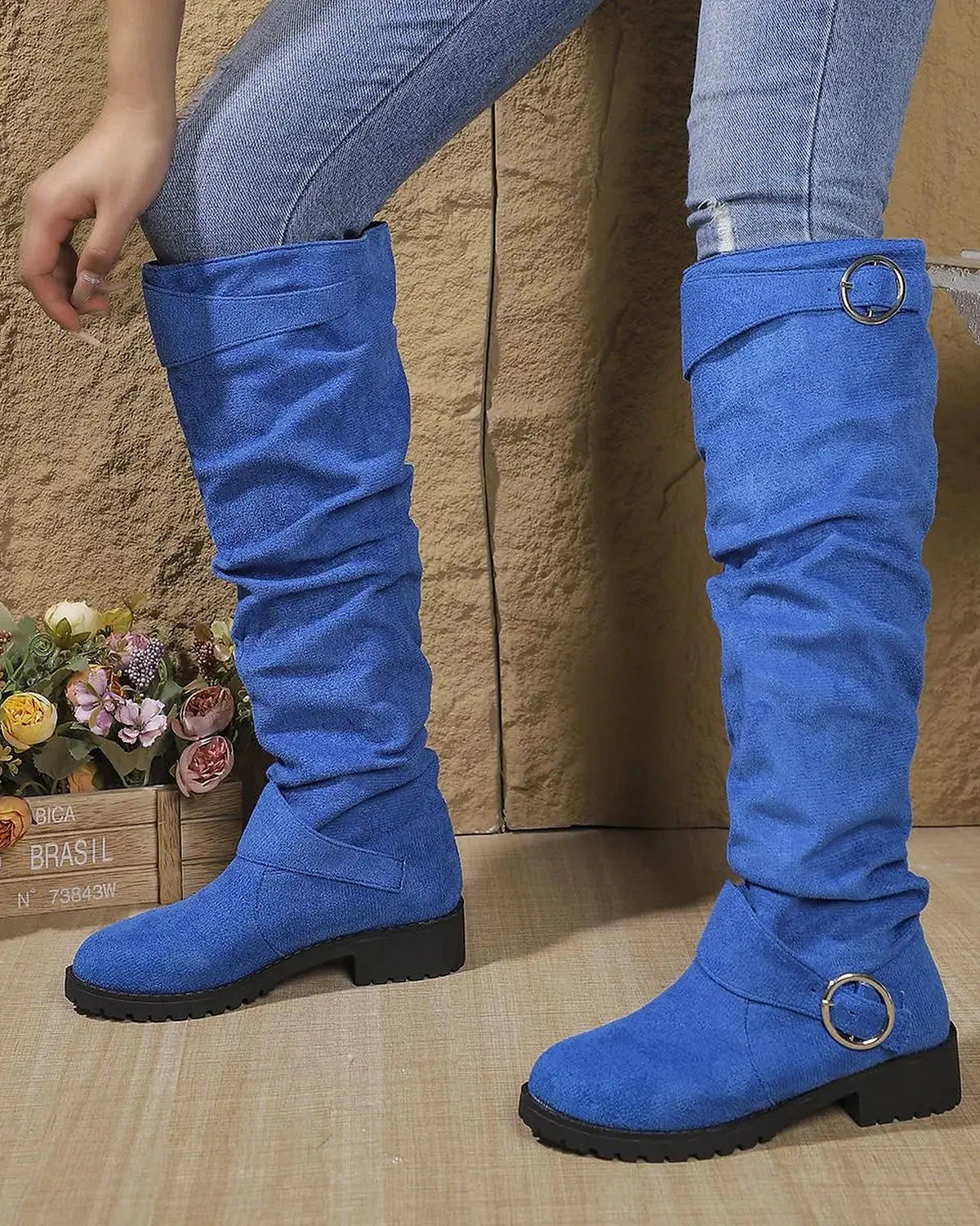 Women's Slouchy Suede Knee High Boots with Buckle Strap Detail – Kaia Lou