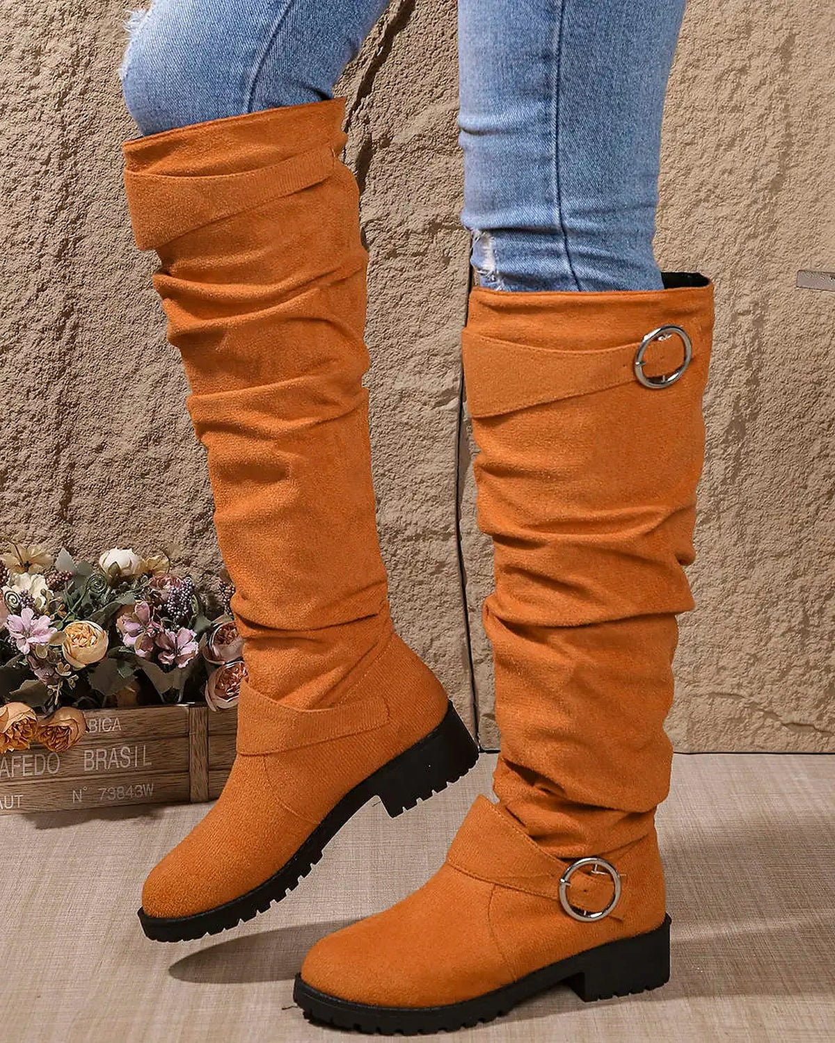 Women's Slouchy Suede Knee High Boots with Buckle Strap Detail – Kaia Lou