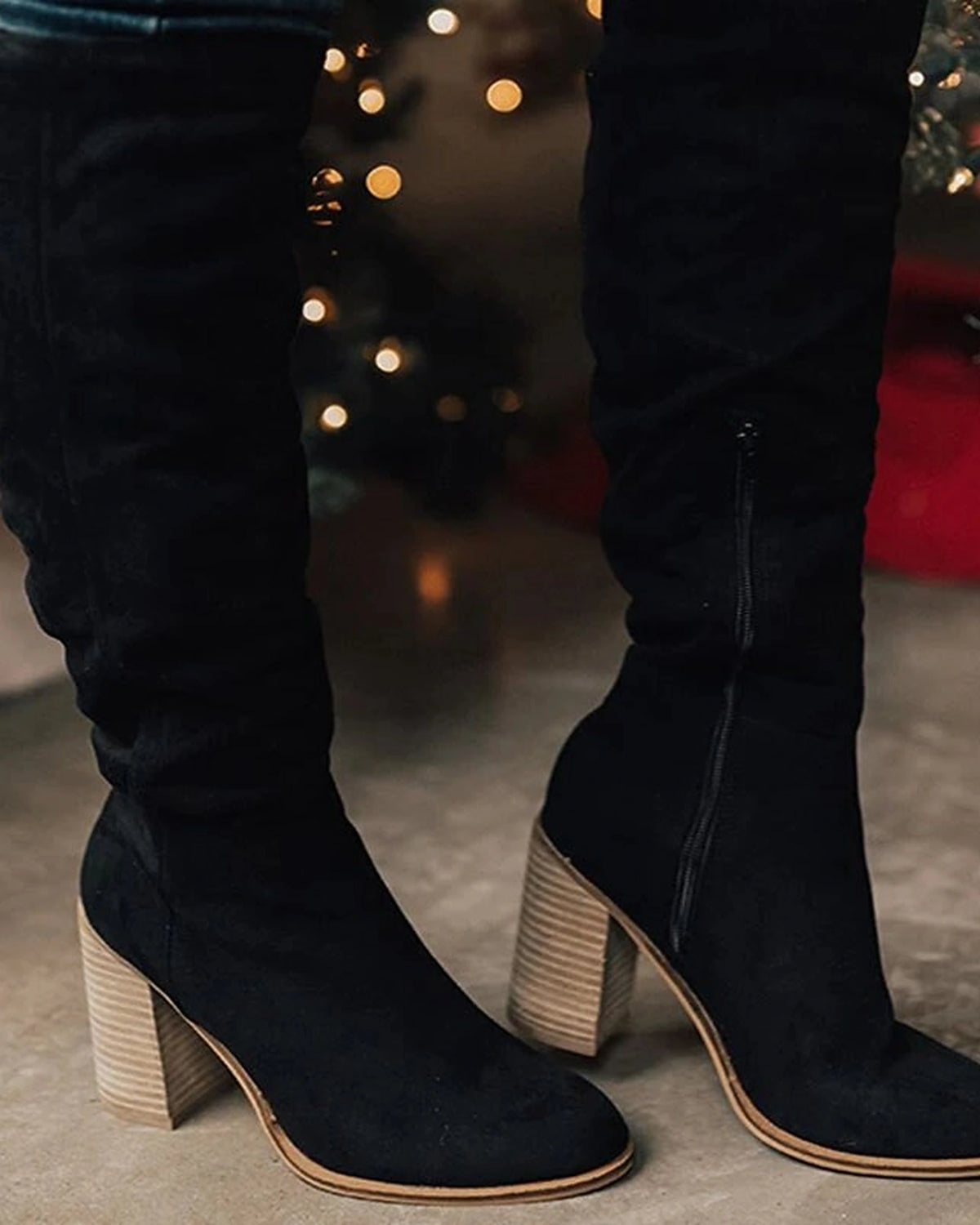 Women's Slouchy Suede Knee High Boots with Stacked Block Heel – Frankie Grey