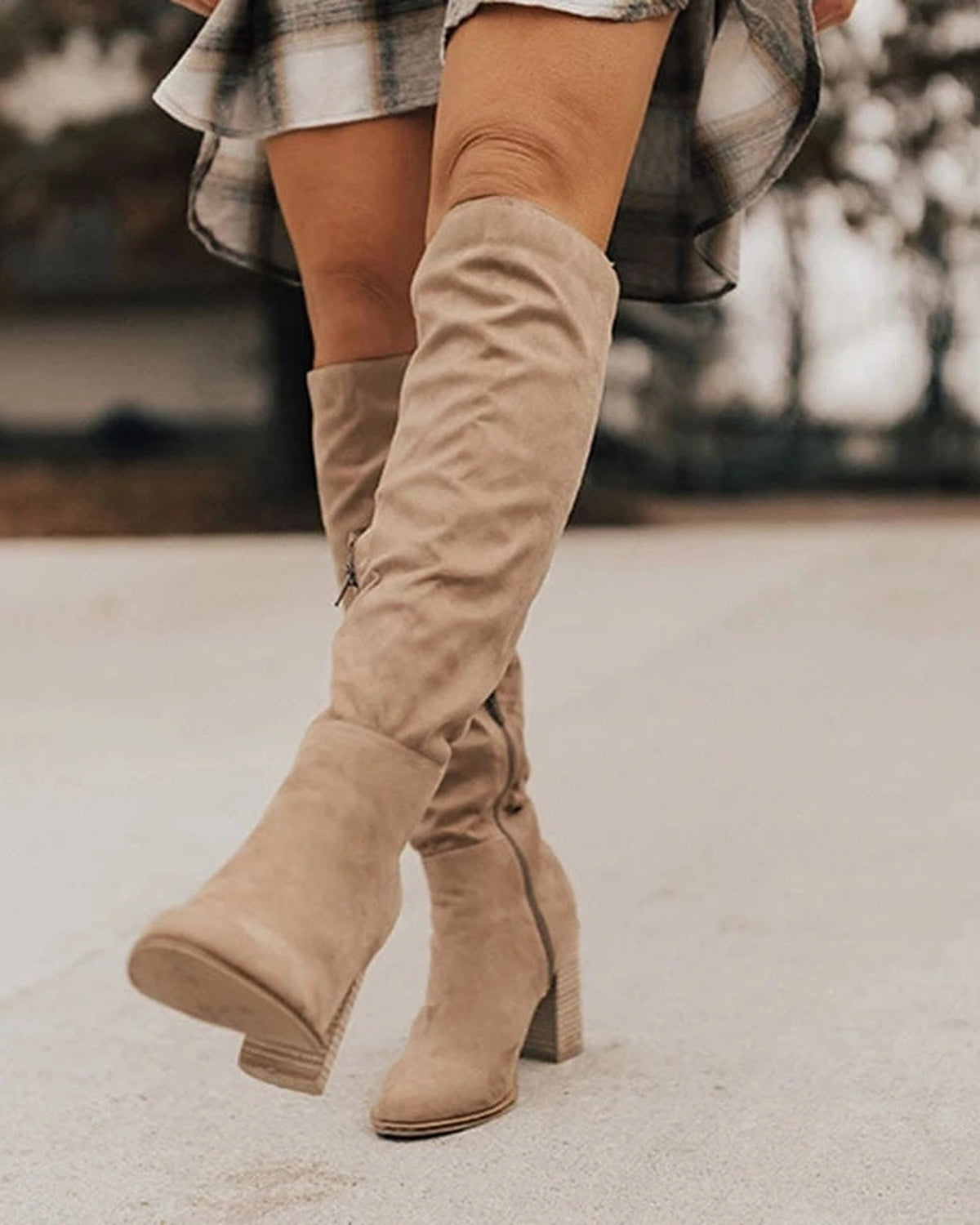 Women's Slouchy Suede Knee High Boots with Stacked Block Heel – Frankie Grey