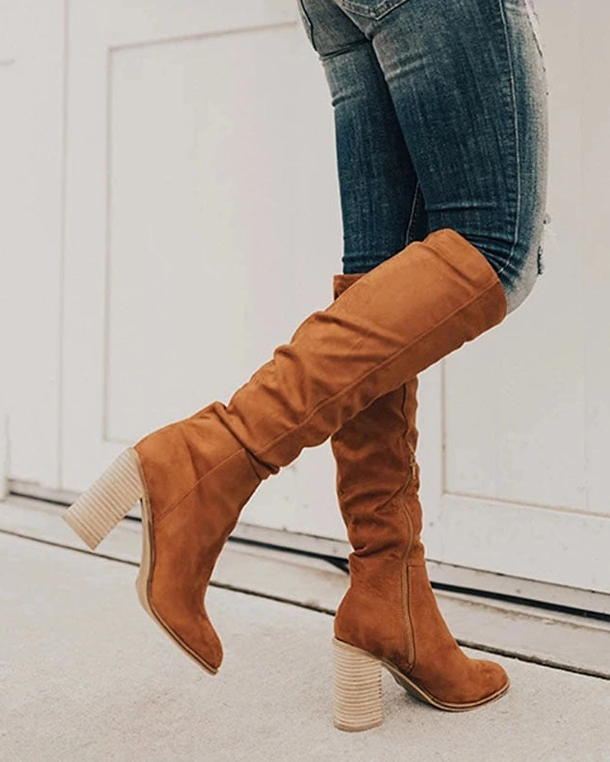 Women's Slouchy Suede Knee High Boots with Stacked Block Heel – Frankie Grey