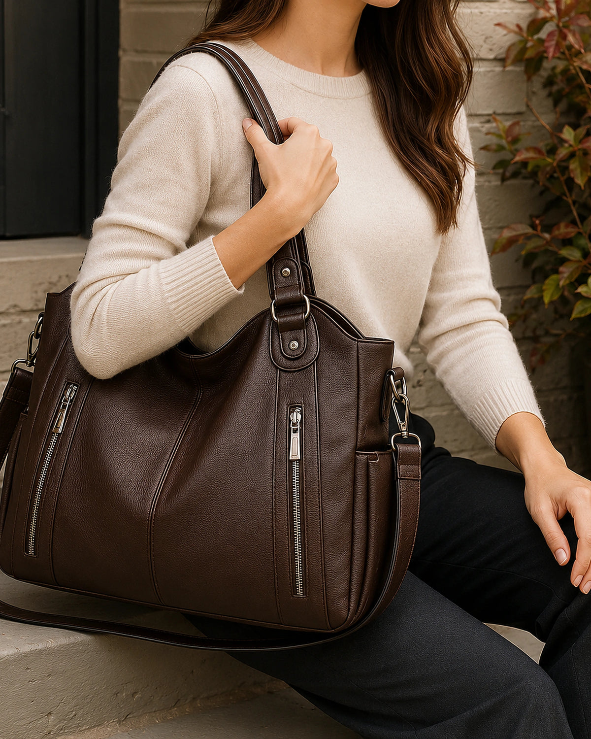Women's Slouchy Tote Bag with Zipper and Detachable Strap, Faux Leather – Sadie Mae