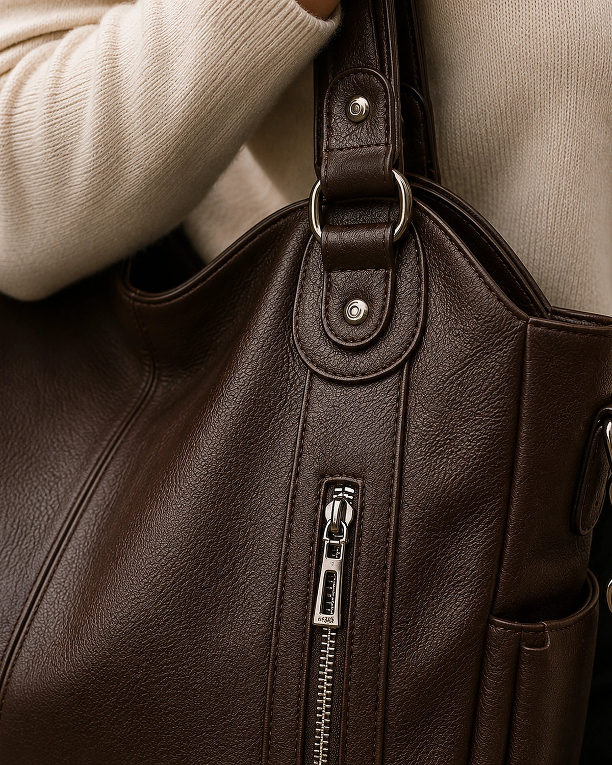 Women's Slouchy Tote Bag with Zipper and Detachable Strap, Faux Leather – Sadie Mae