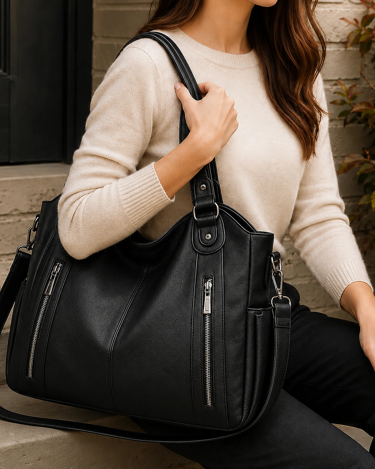 Women's Slouchy Tote Bag with Zipper and Detachable Strap, Faux Leather – Sadie Mae