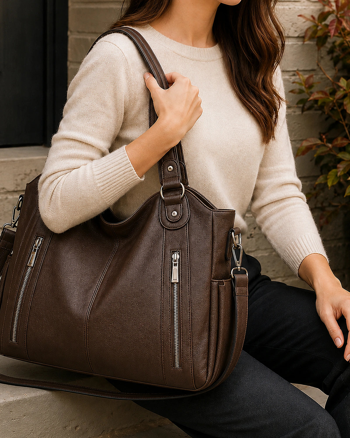 Women's Slouchy Tote Bag with Zipper and Detachable Strap, Faux Leather – Sadie Mae