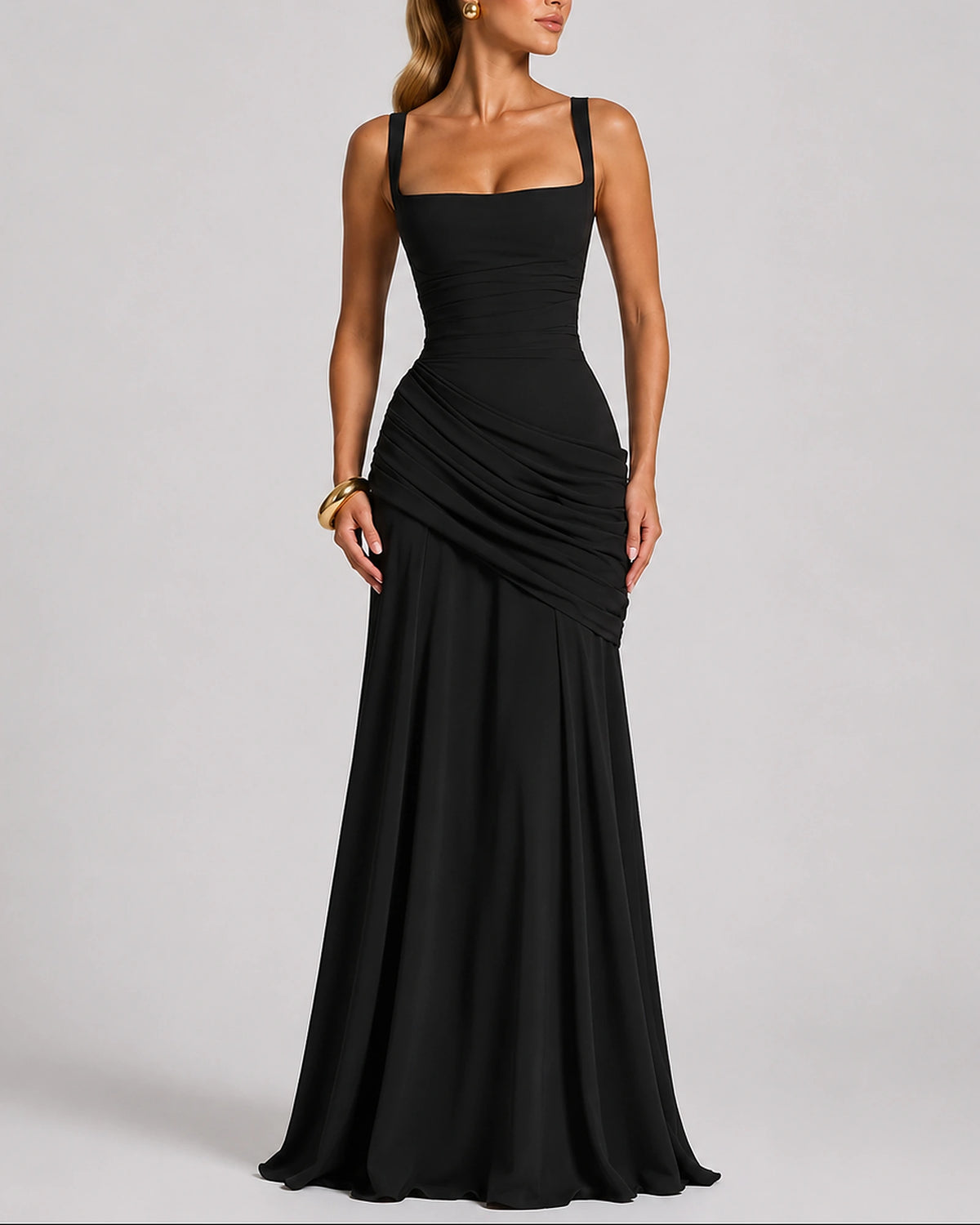 Women's Evening Dress, Square Neck Ruched Wedding Guest Maxi Dress with Crossed Straps – Willa Mae