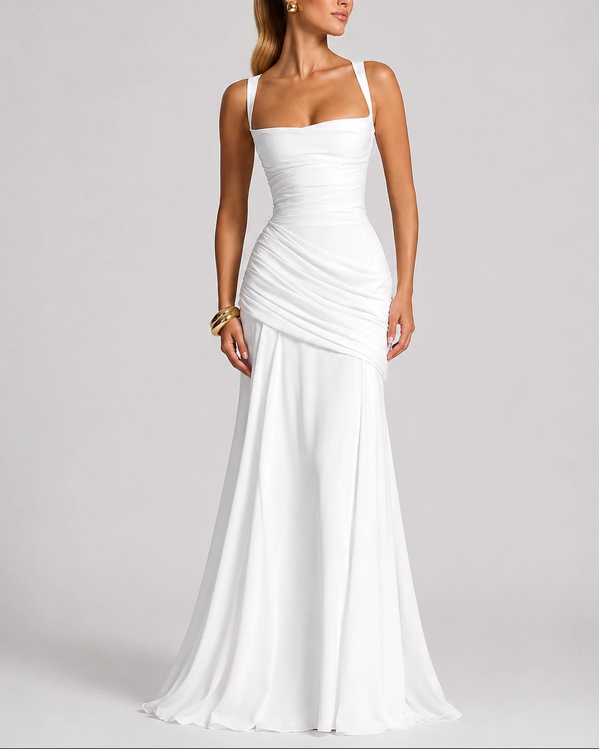 Women's Evening Dress, Square Neck Ruched Wedding Guest Maxi Dress with Crossed Straps – Willa Mae