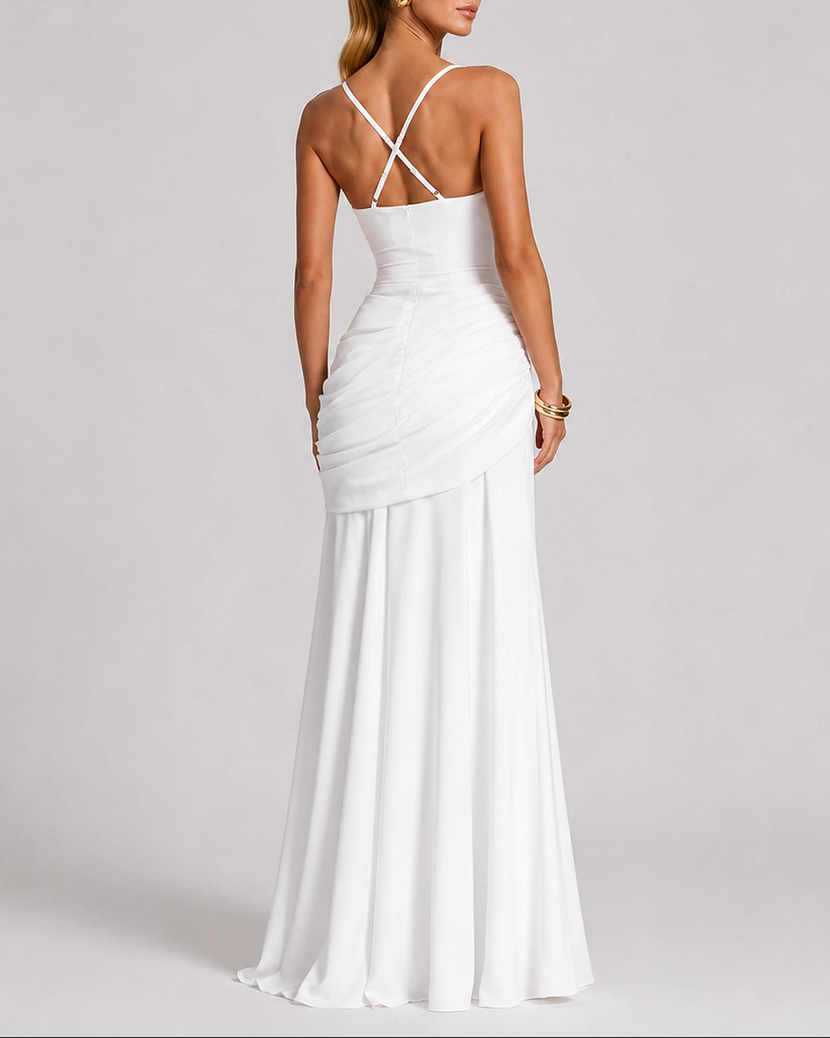 Women's Evening Dress, Square Neck Ruched Wedding Guest Maxi Dress with Crossed Straps – Willa Mae