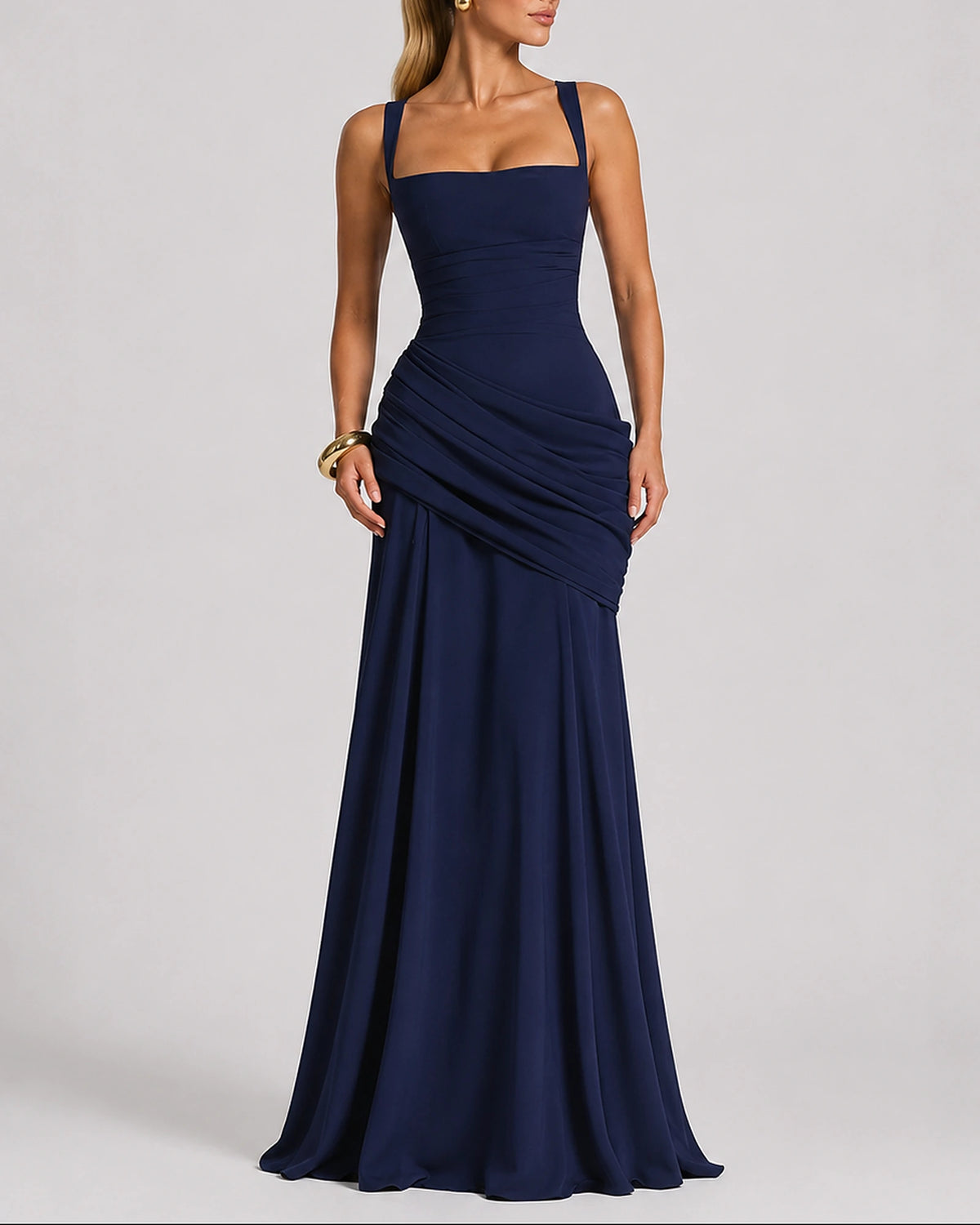 Women's Evening Dress, Square Neck Ruched Wedding Guest Maxi Dress with Crossed Straps – Willa Mae