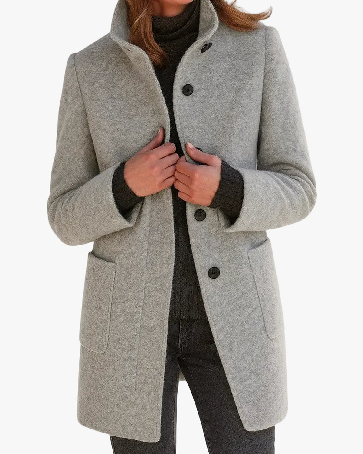 Women's Stand Collar Knee-Length Coat with Front Patch Pockets – Adele Lou
