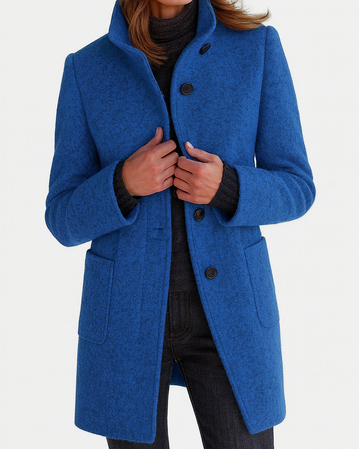 Women's Stand Collar Knee-Length Coat with Front Patch Pockets – Adele Lou