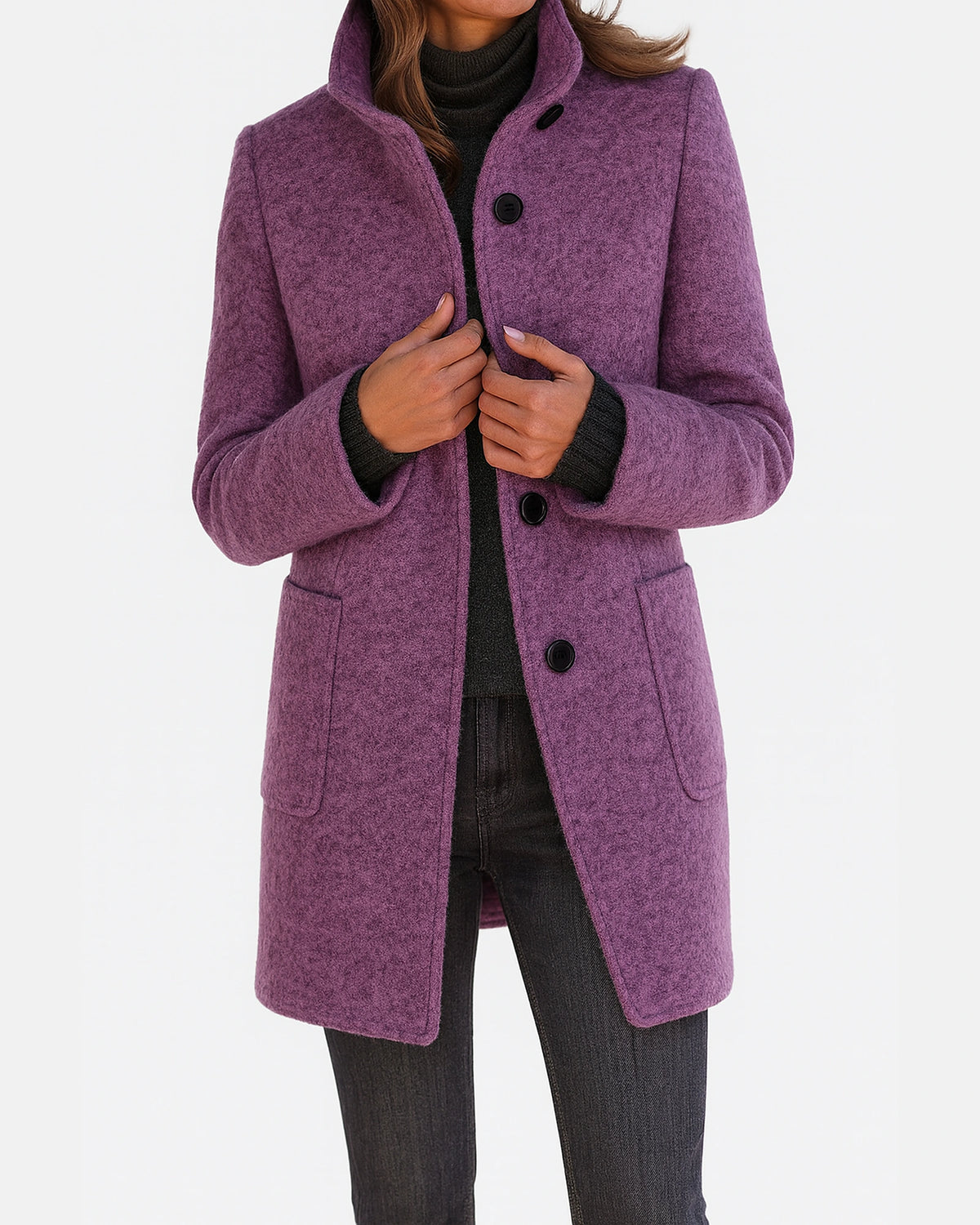 Women's Stand Collar Knee-Length Coat with Front Patch Pockets – Adele Lou