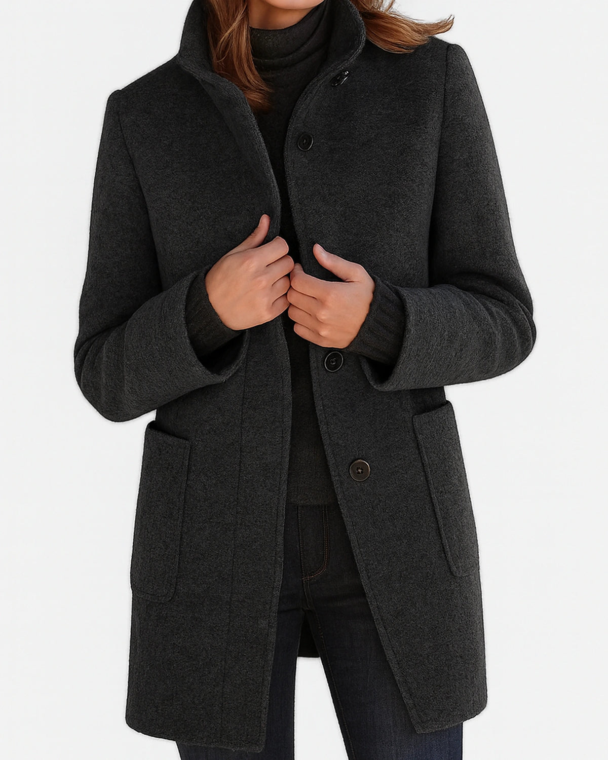 Women's Stand Collar Knee-Length Coat with Front Patch Pockets – Adele Lou