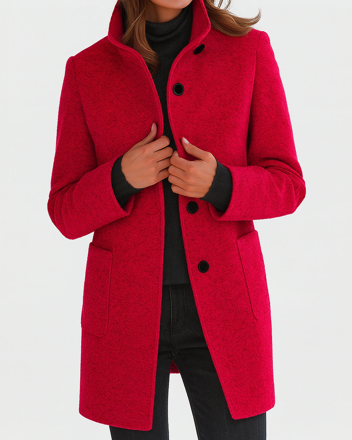 Women's Stand Collar Knee-Length Coat with Front Patch Pockets – Adele Lou