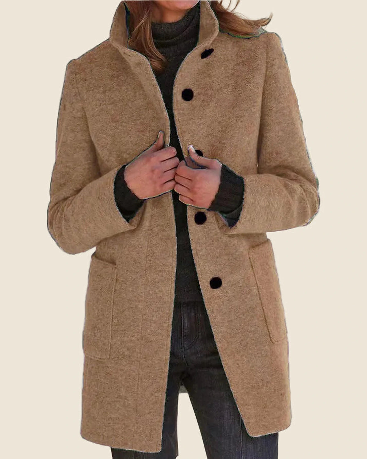 Women's Stand Collar Knee-Length Coat with Front Patch Pockets – Adele Lou