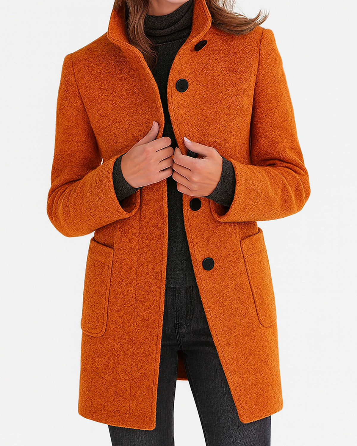 Women's Stand Collar Knee-Length Coat with Front Patch Pockets – Adele Lou