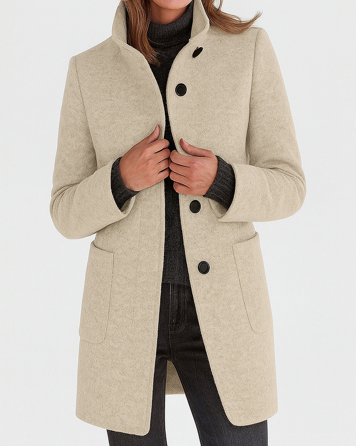 Women's Stand Collar Knee-Length Coat with Front Patch Pockets – Adele Lou