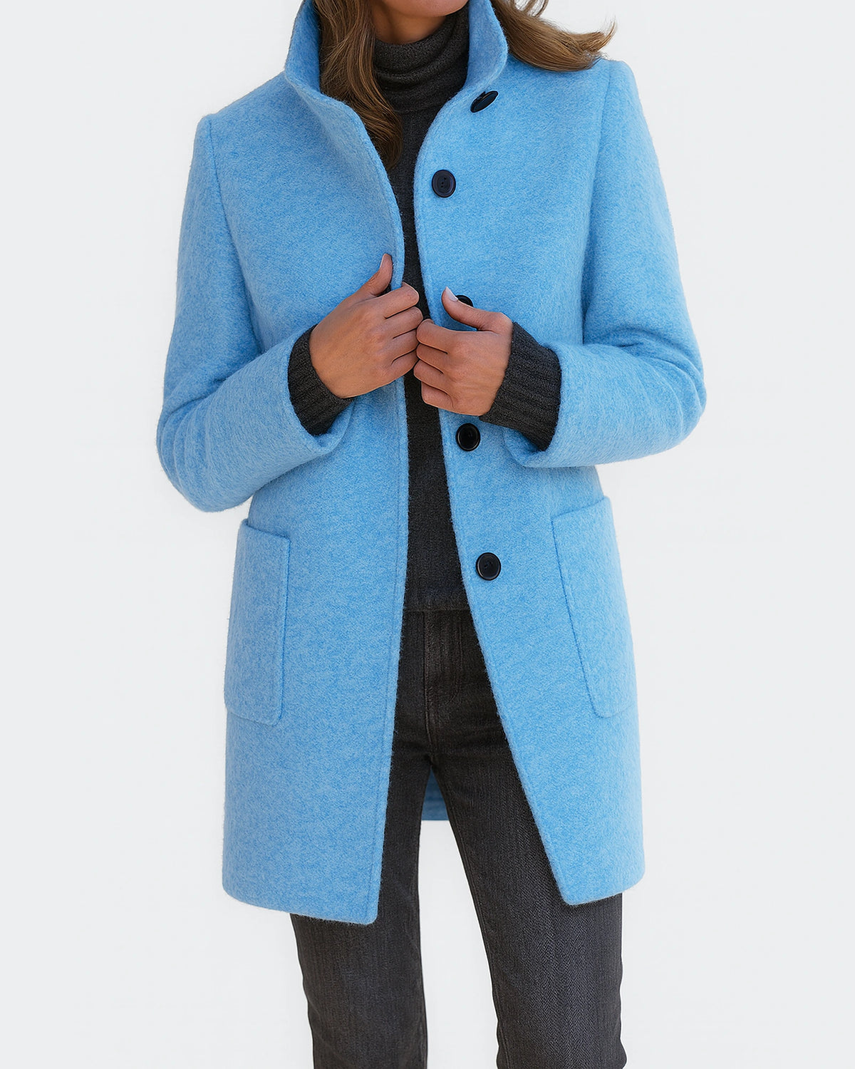 Women's Stand Collar Knee-Length Coat with Front Patch Pockets – Adele Lou