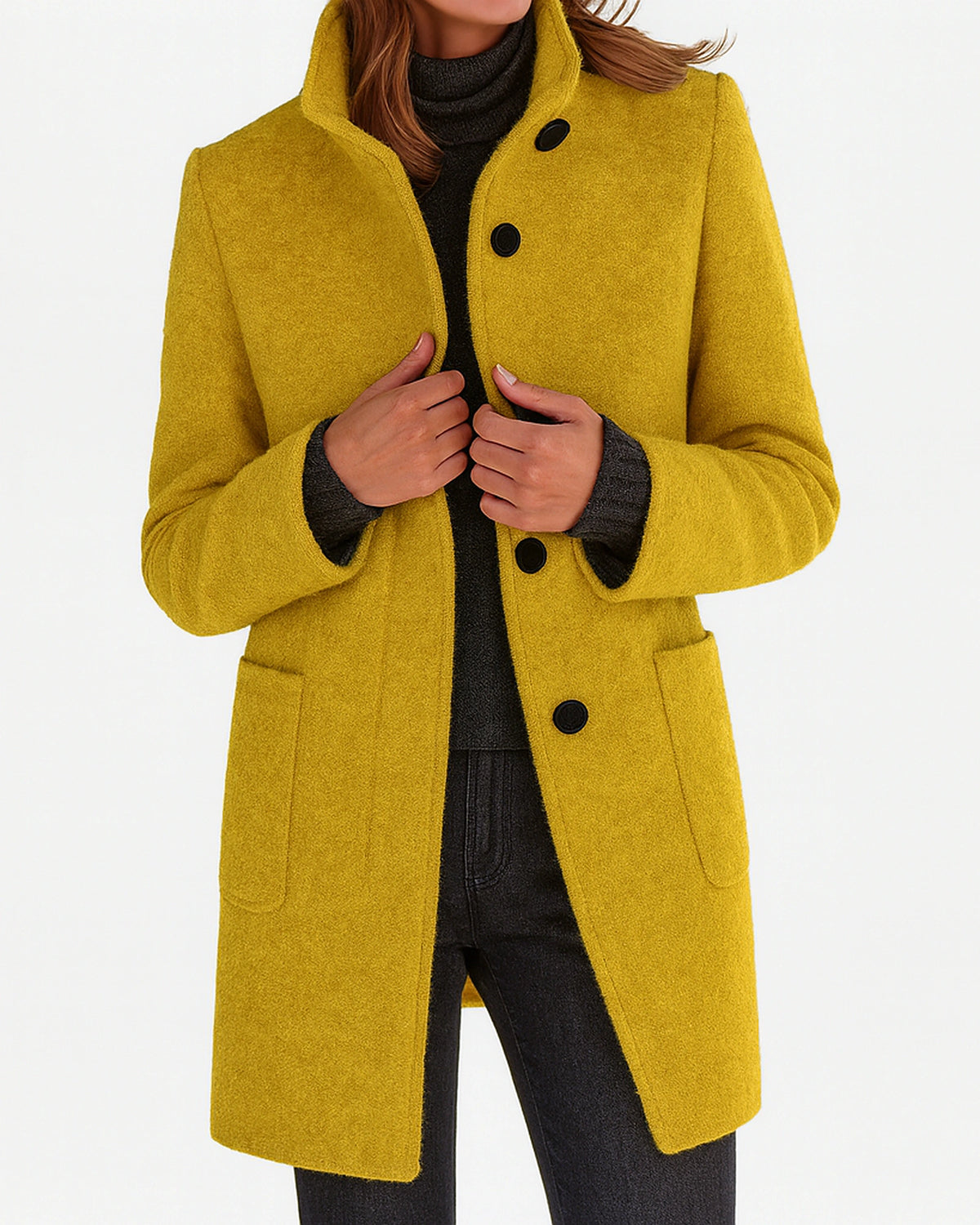 Women's Stand Collar Knee-Length Coat with Front Patch Pockets – Adele Lou