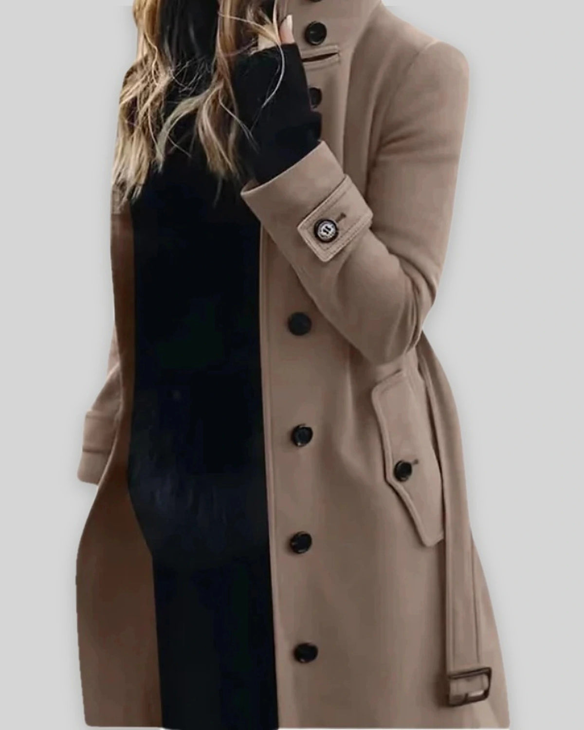 Women's Winter Coat with Stand Collar and Cuff Straps, Longline Wool-Look – Fleur Lou