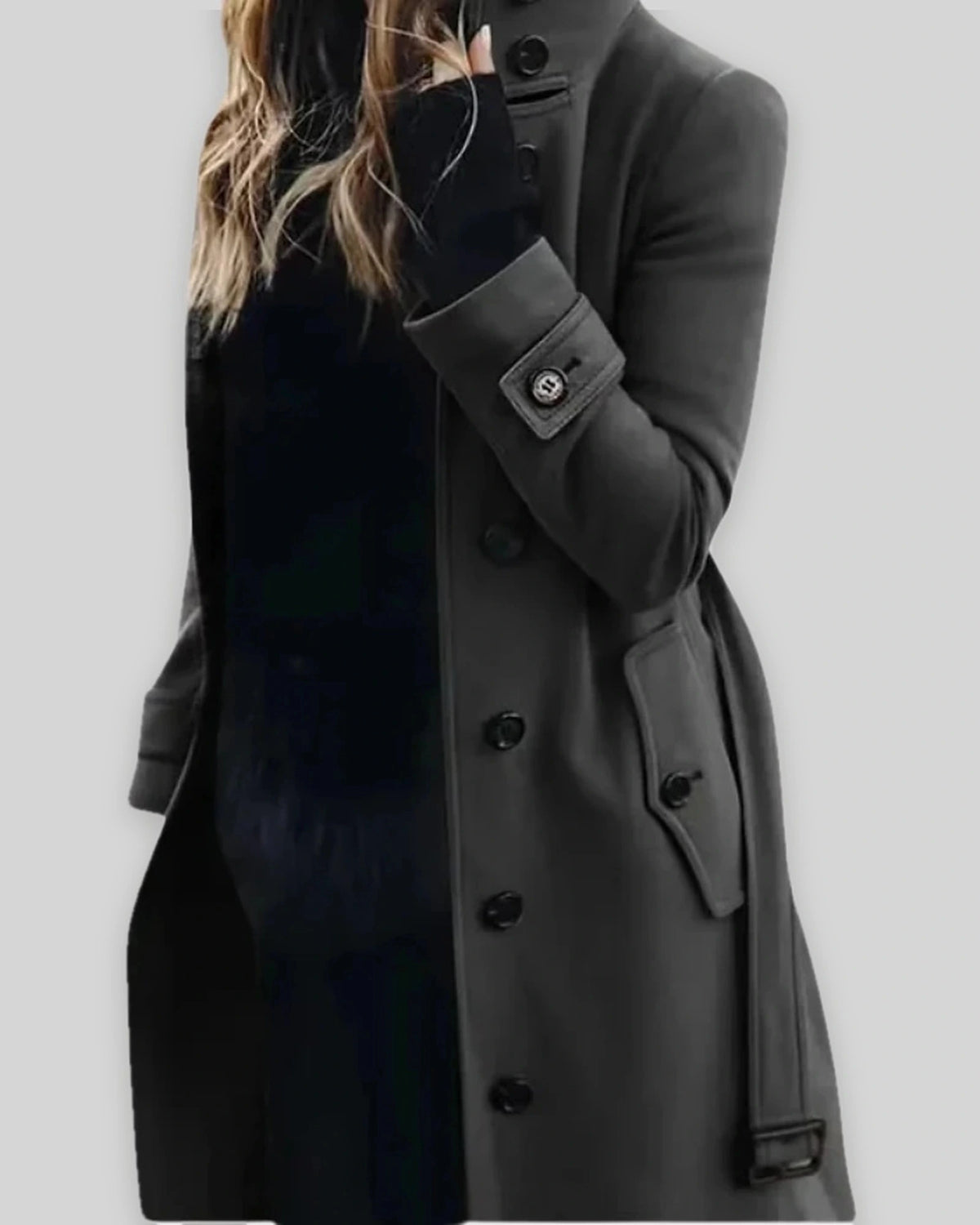 Women's Winter Coat with Stand Collar and Cuff Straps, Longline Wool-Look – Fleur Lou