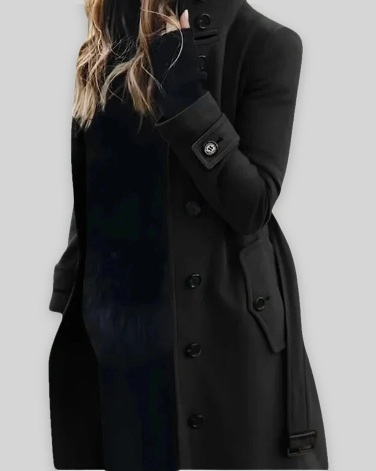 Women's Winter Coat with Stand Collar and Cuff Straps, Longline Wool-Look – Fleur Lou