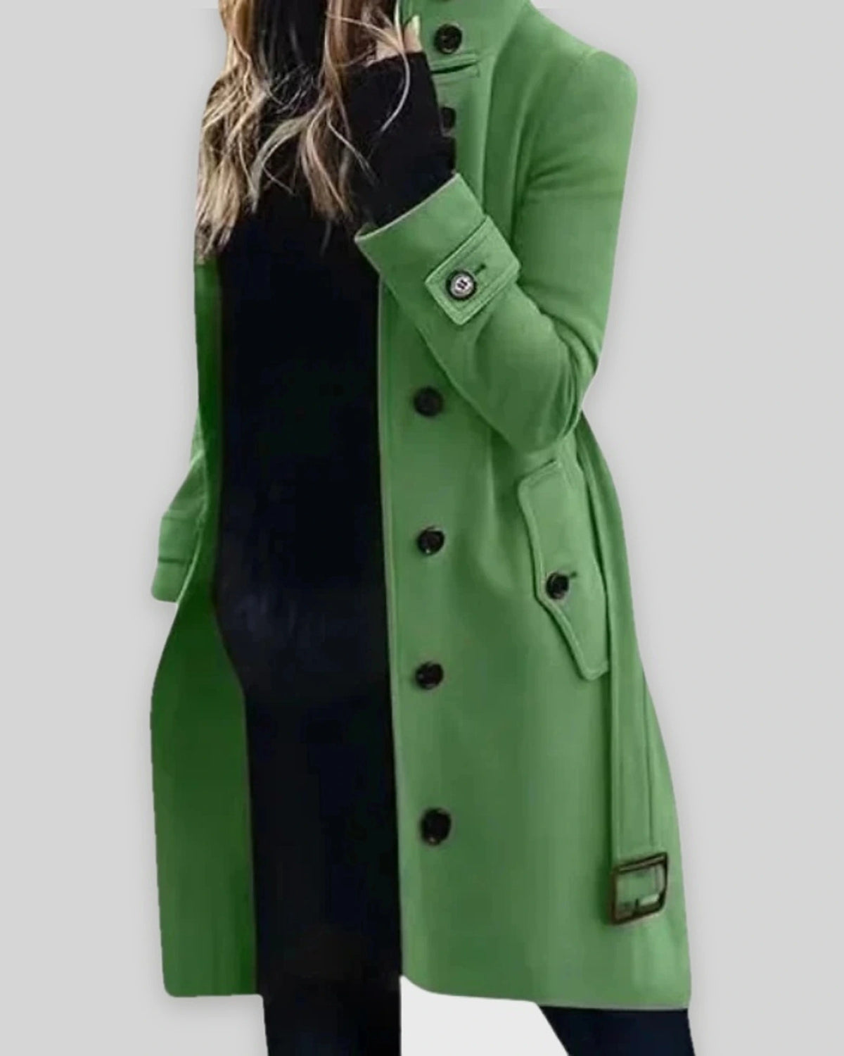 Women's Winter Coat with Stand Collar and Cuff Straps, Longline Wool-Look – Fleur Lou