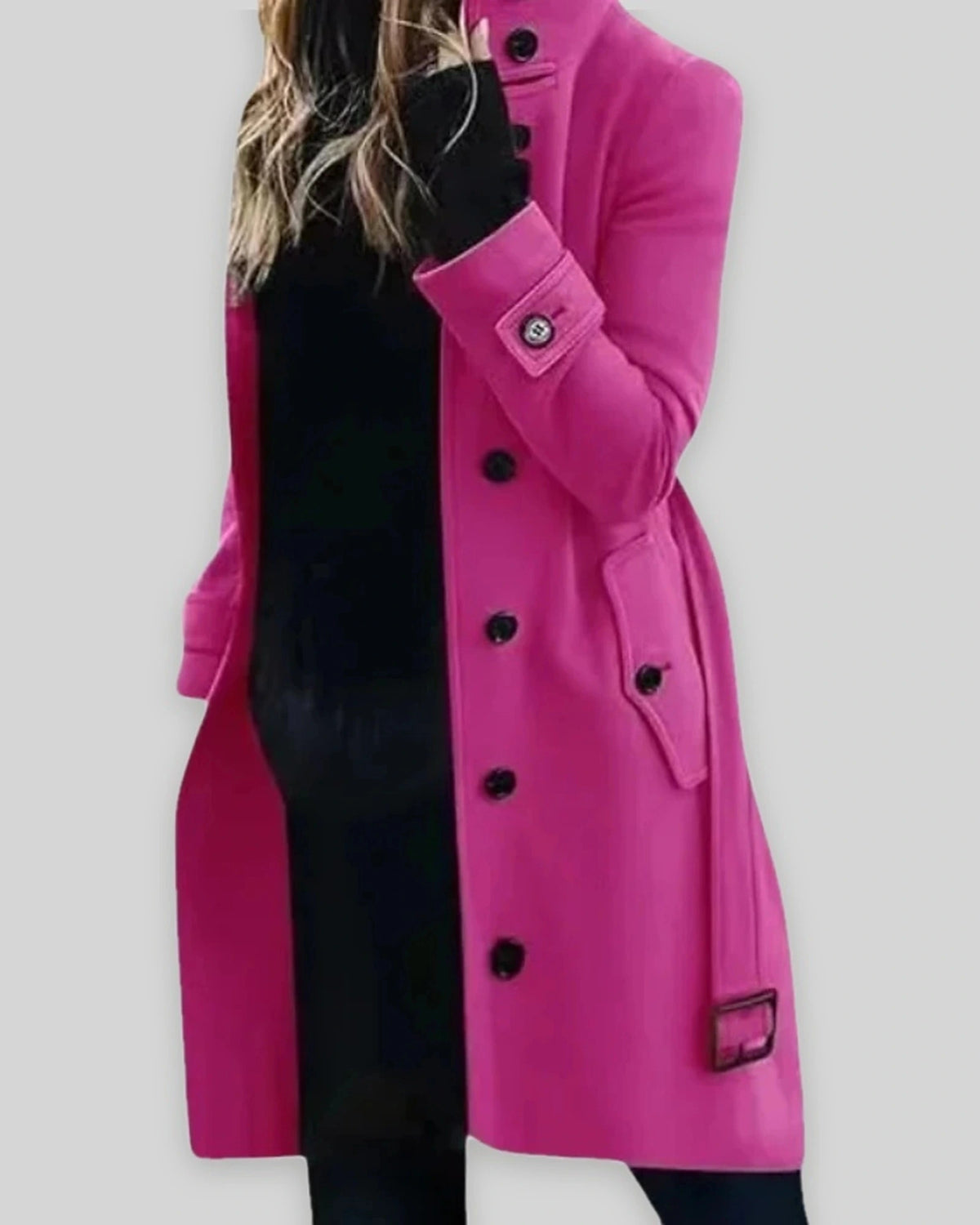 Women's Winter Coat with Stand Collar and Cuff Straps, Longline Wool-Look – Fleur Lou