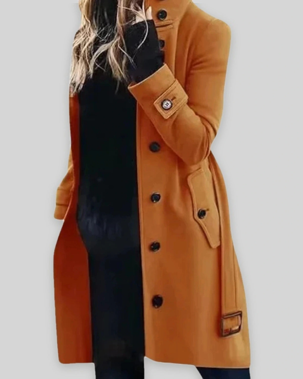 Women's Winter Coat with Stand Collar and Cuff Straps, Longline Wool-Look – Fleur Lou