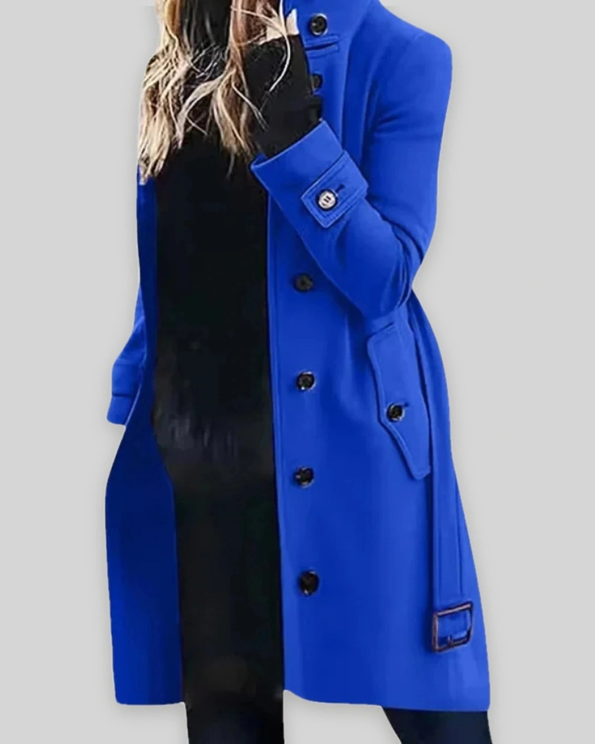 Women's Winter Coat with Stand Collar and Cuff Straps, Longline Wool-Look – Fleur Lou