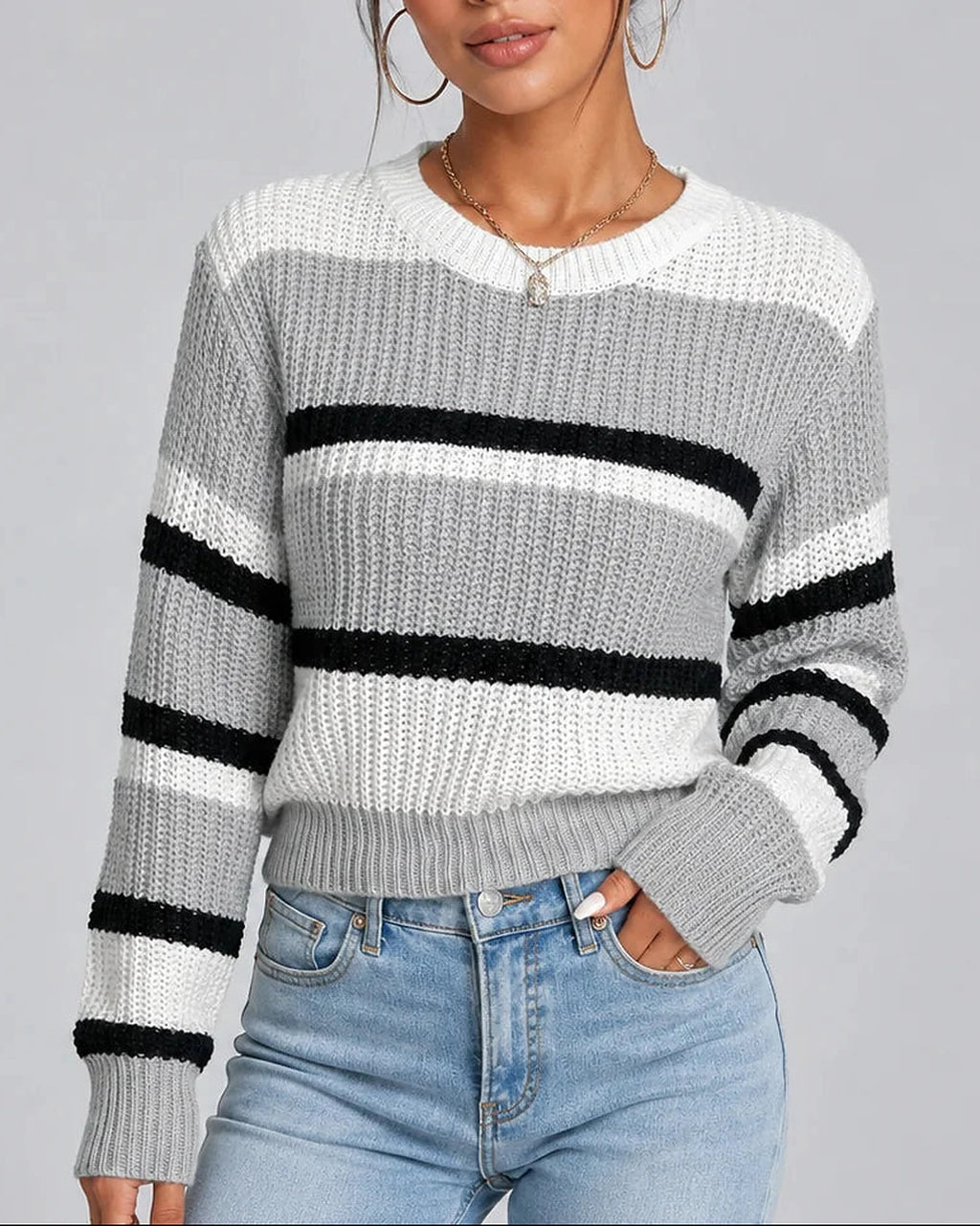 Women's Striped Knitted Jumper with Crew Neck and Ribbed Cuffs, Colour-Block Design – Esme