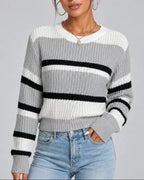 Women's Striped Knitted Jumper with Crew Neck and Ribbed Cuffs, Colour-Block Design – Esme