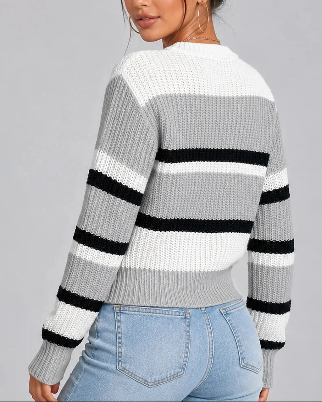 Women's Striped Knitted Jumper with Crew Neck and Ribbed Cuffs, Colour-Block Design – Esme