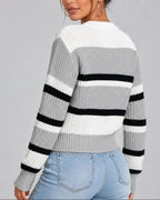 Women's Striped Knitted Jumper with Crew Neck and Ribbed Cuffs, Colour-Block Design – Esme