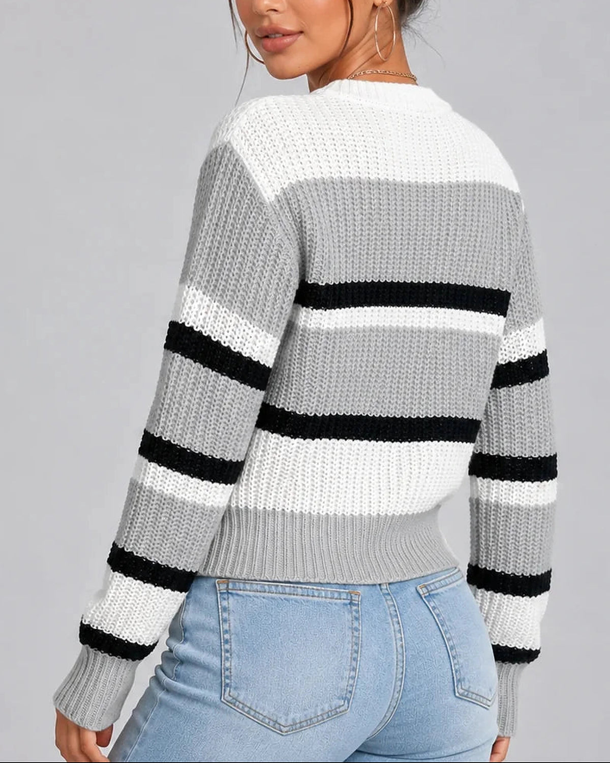 Women's Striped Knitted Jumper with Crew Neck and Ribbed Cuffs, Colour-Block Design – Esme