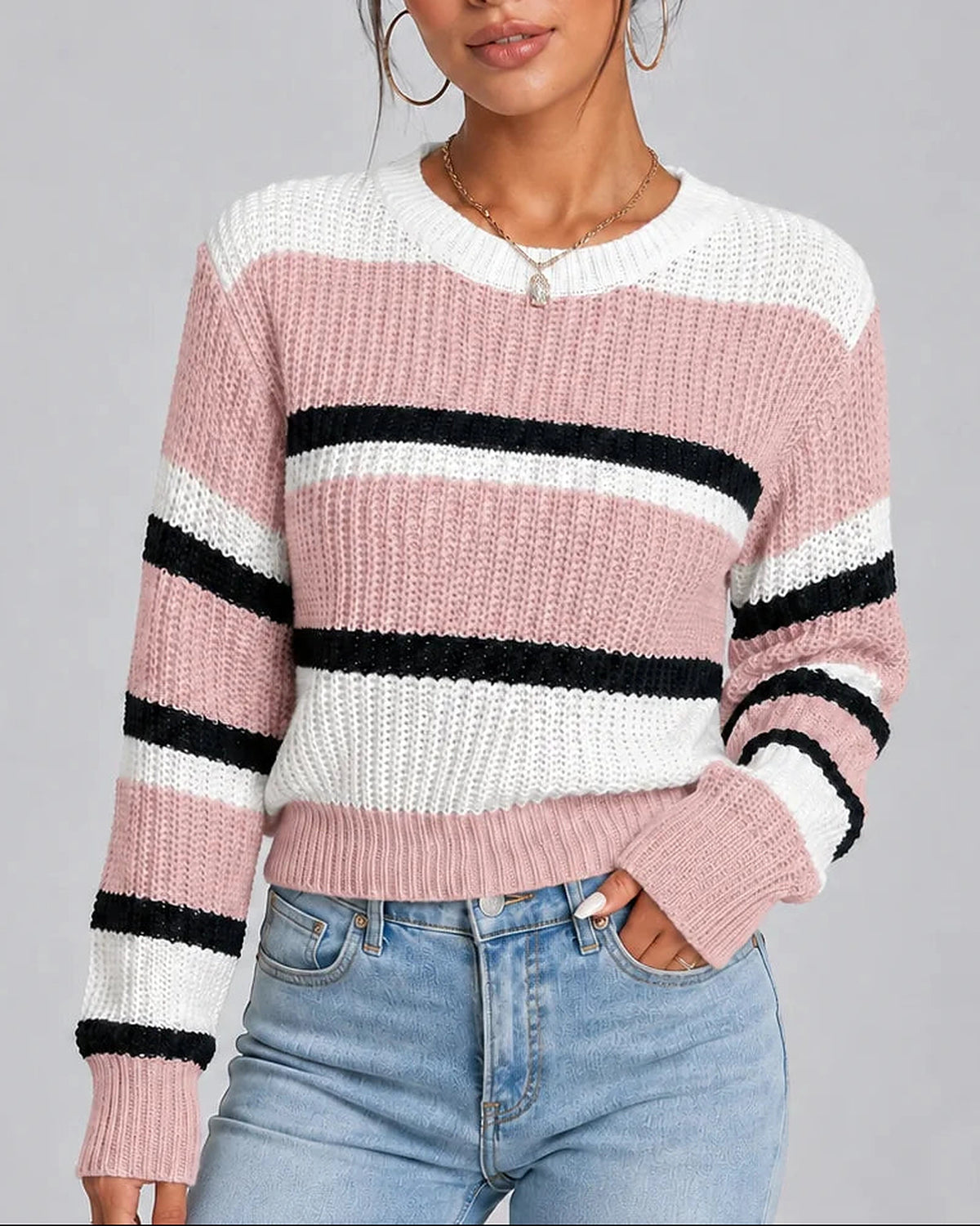 Women's Striped Knitted Jumper with Crew Neck and Ribbed Cuffs, Colour-Block Design – Esme