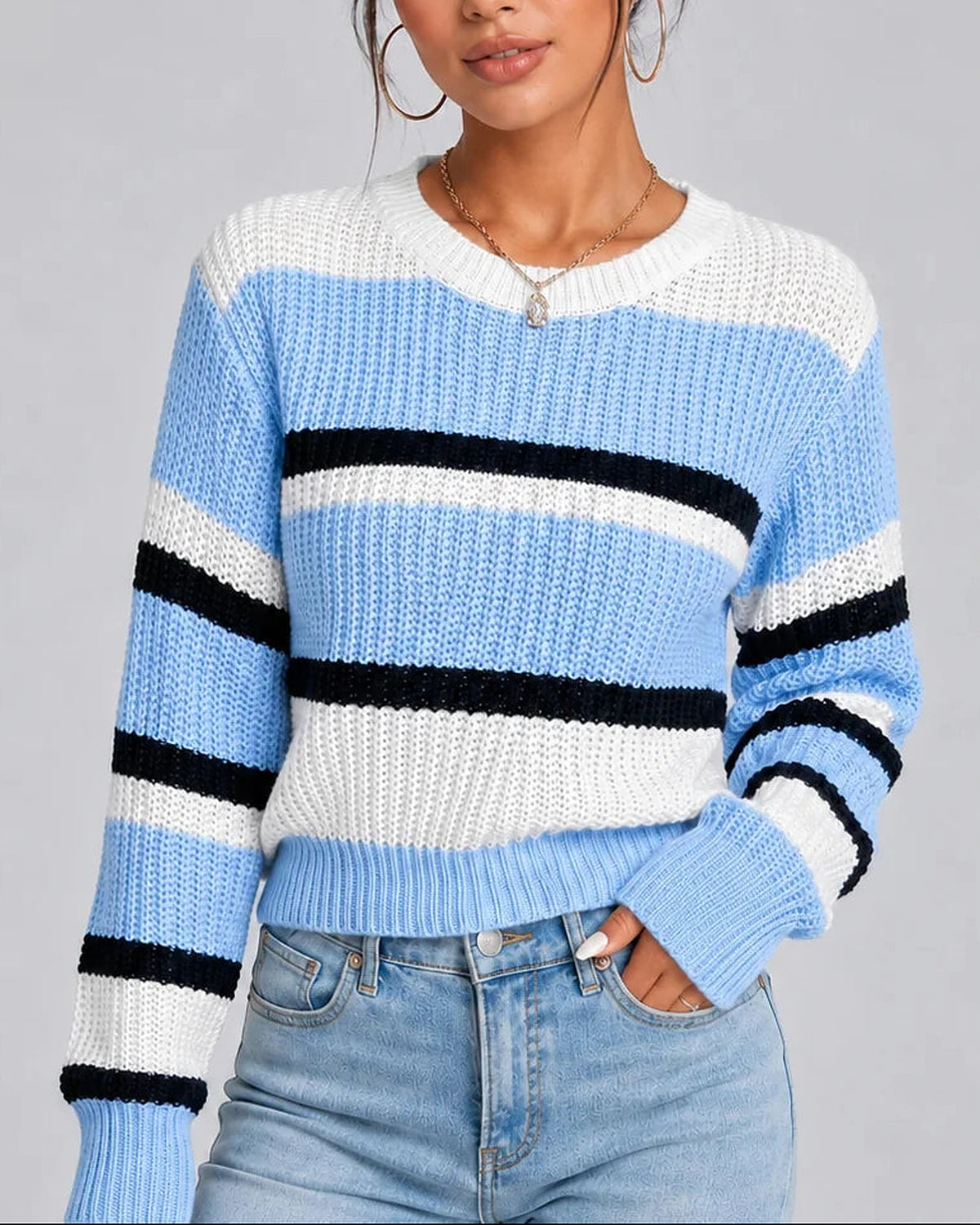 Women's Striped Knitted Jumper with Crew Neck and Ribbed Cuffs, Colour-Block Design – Esme