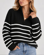 Women's Striped Ribbed Knit Quarter Zip Jumper with Funnel Collar – Lena