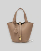 Women's Bucket Bag with Padlock Detail and Top Handles, Textured Leather-Look Shoulder Bag – Tessa Belle